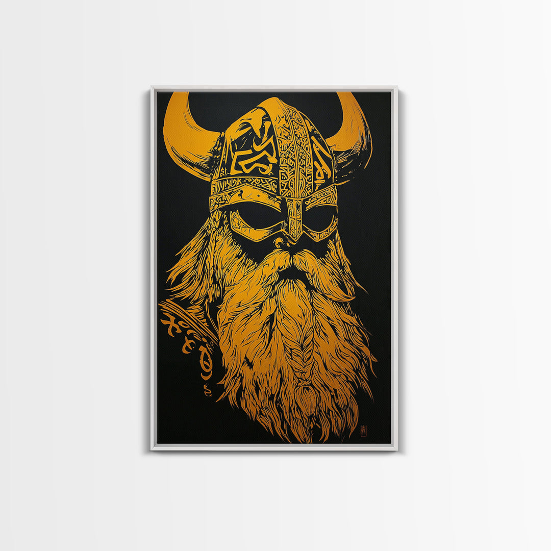 Norse Mythology Odin Canvas Gold Art, Viking Warrior God Canvas Print, Real Wood Frame, Ancient Scandinavian Wall Decoration