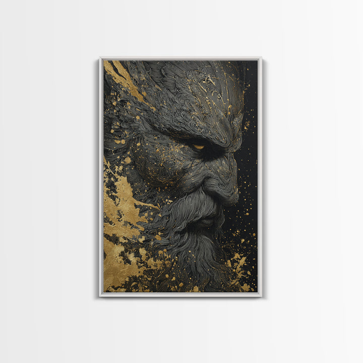 Bearded Warrior Portrait, Textured Detail, Canvas Gold Canvas Print, Mythological Art, Real Wood Frame, Norse Inspired Decor
