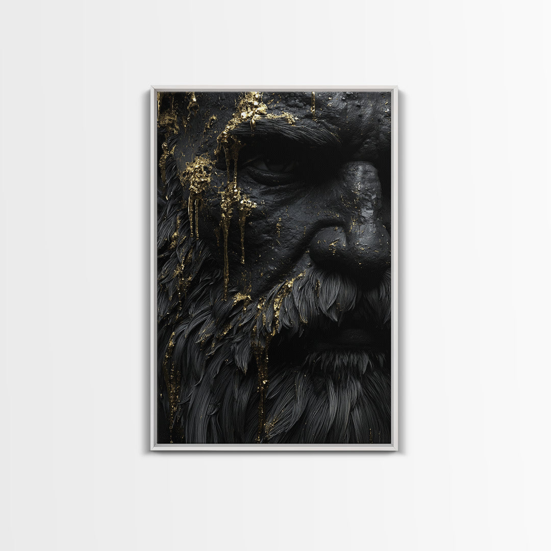 Abstract Mythological Face, Golden Tears Design, Canvas Gold Canvas Print, Textured Wall Art, Real Wood Frame, Dramatic Statement