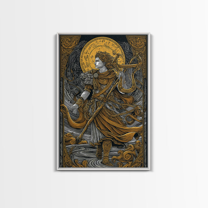 Apollo With Lyre, Greek God Of Music, Mythology Inspired Canvas Gold Canvas Print, Elegant Wall Art, Real Wood Frame, Divine Classic