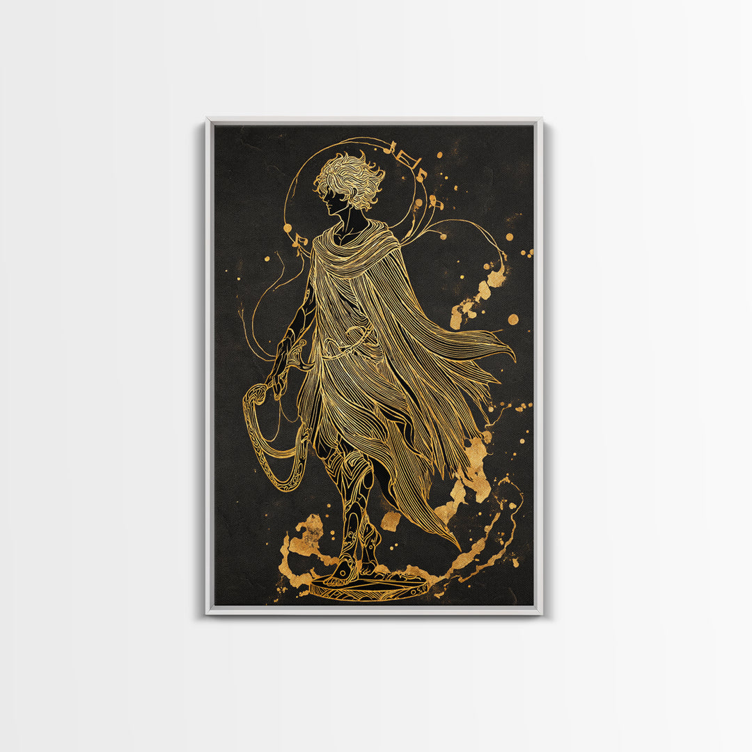 Apollo Figure With Flowing Cloak, Line Art Mythology Design, Canvas Gold Art, Mythical Wall Decor, Real Wood Frame, Elegant Greek