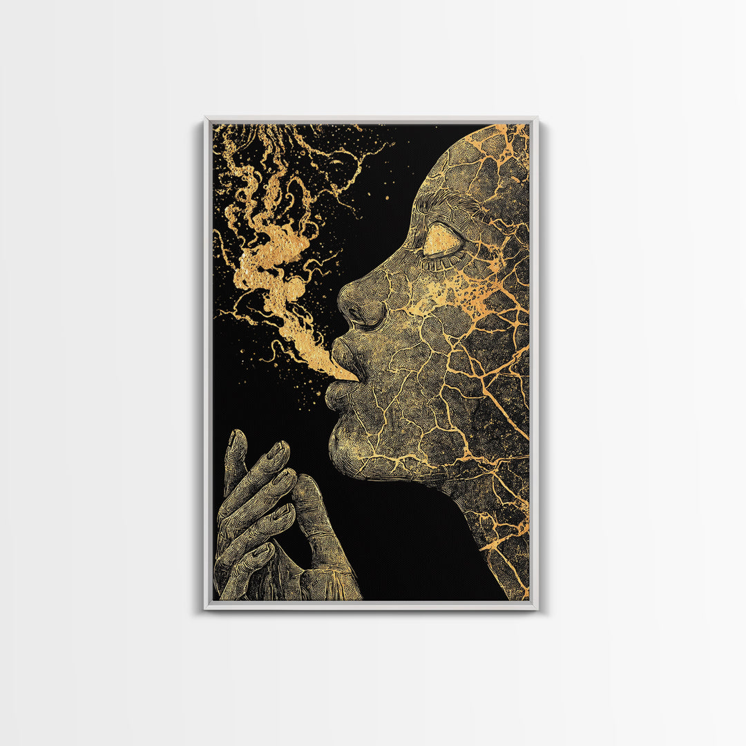 Mystical Goddess Face Exhaling Spirit, Surreal Mythology, Canvas Gold Canvas Print, Spiritual Wall Art, Real Wood Frame, Dreamlike