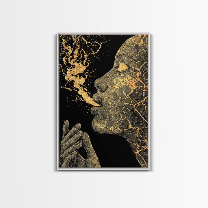 Mystical Goddess Face Exhaling Spirit, Surreal Mythology, Canvas Gold Canvas Print, Spiritual Wall Art, Real Wood Frame, Dreamlike