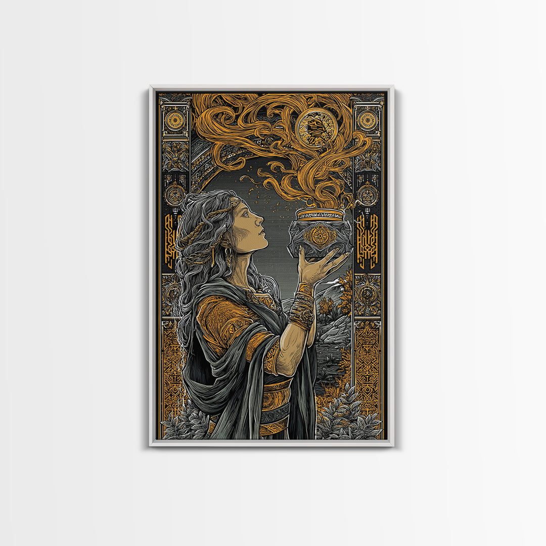 Pandora With Mythical Jar, Ancient Greek Mythology Canvas Gold Art, Detailed Decorative Wall Print, Real Wood Frame, Timeless Classic