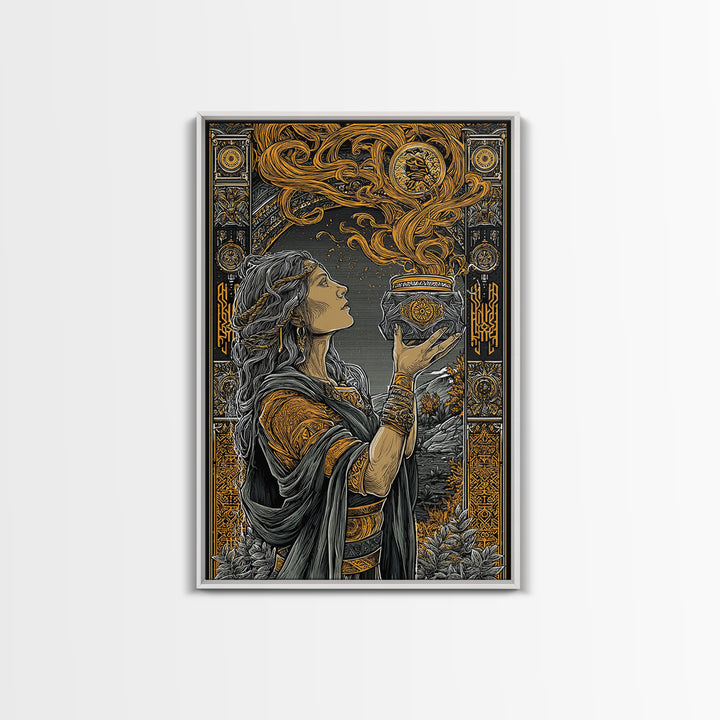 Pandora With Mythical Jar, Ancient Greek Mythology Canvas Gold Art, Detailed Decorative Wall Print, Real Wood Frame, Timeless Classic