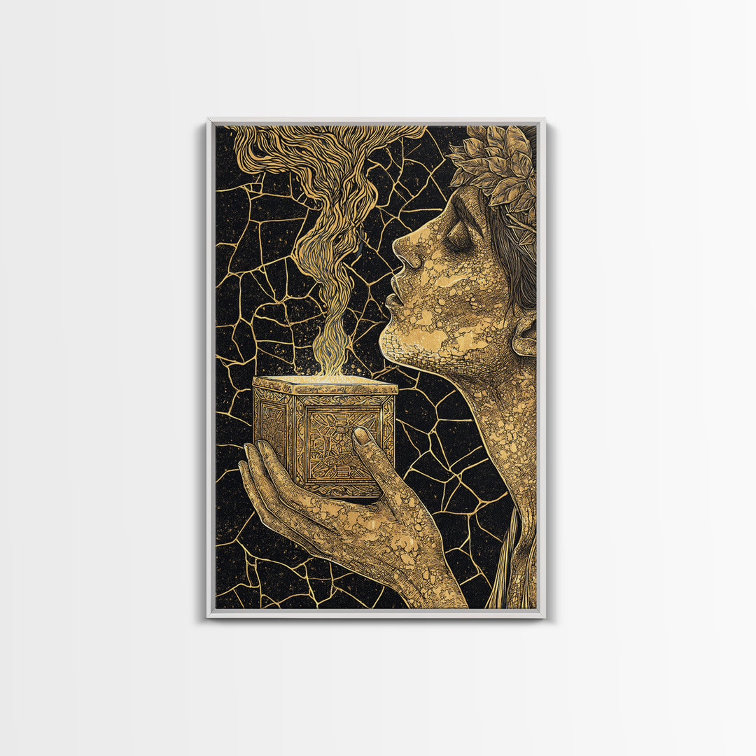 Pandora Opening Mythical Box, Surreal Greek Goddess Design, Canvas Gold Canvas Print, Mythological Wall Art, Real Wood Frame, Enchanting