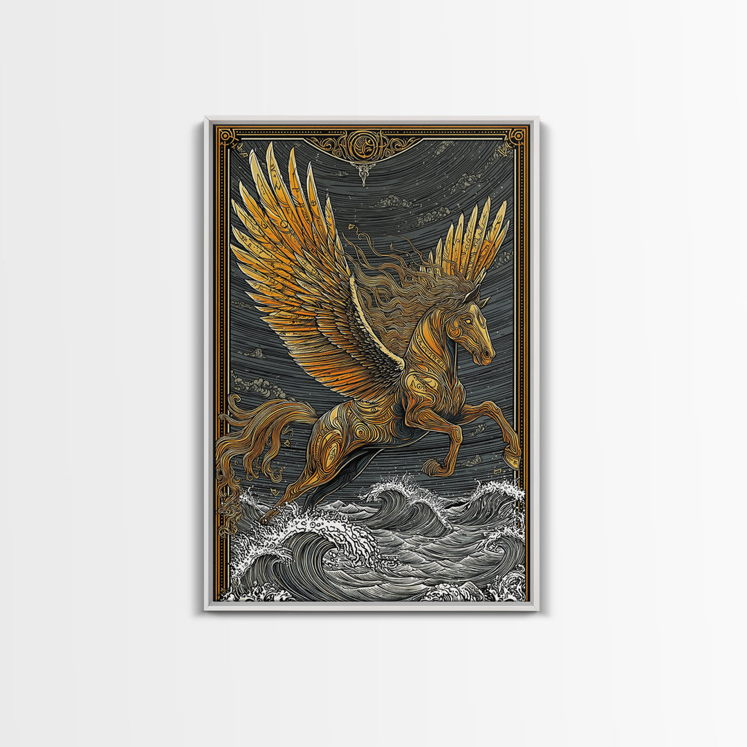 Pegasus Flying Above Waves, Mythical Winged Horse Art, Canvas Gold Art, Greek Mythology Wall Print, Real Wood Frame, Heroic Statement