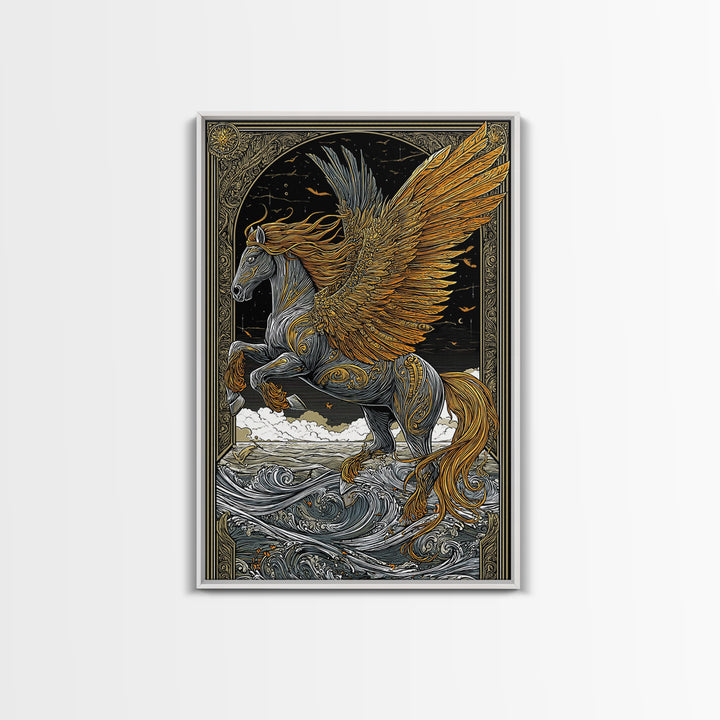 Winged Pegasus Canvas Gold Canvas Print, Mythology Wall Art, Luxury Equine Artwork, Real Wood Framed Mythical Decor
