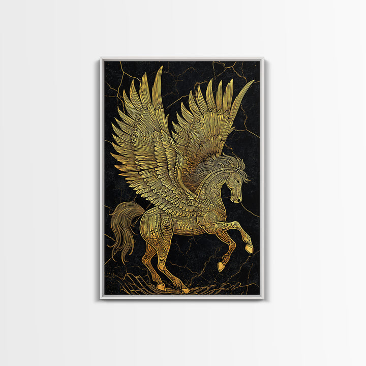 Golden Pegasus Canvas Gold Canvas Print, Mythological Horse Artwork, Elegant Home Wall Art, Real Wood Framed Fantasy Decor
