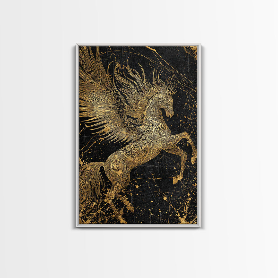Abstract Pegasus Canvas Gold Art, Mythology Wall Print, Unique Equine Design, Real Wood Framed Modern Mythical Artwork