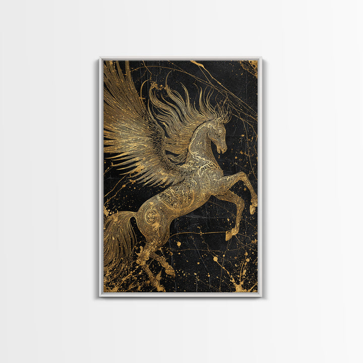 Abstract Pegasus Canvas Gold Art, Mythology Wall Print, Unique Equine Design, Real Wood Framed Modern Mythical Artwork