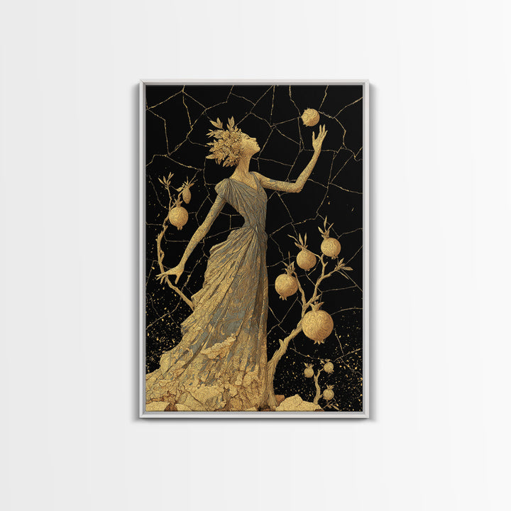 Persephone With Pomegranates Canvas Gold Canvas Print, Mythology Wall Art, Elegant Greek Goddess Decor, Real Wood Frame