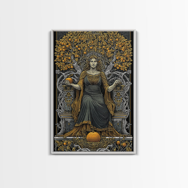 Seated Persephone Canvas Gold Canvas Print, Goddess Of Fertility Wall Art, Mythological Decor, Real Wood Framed Artwork