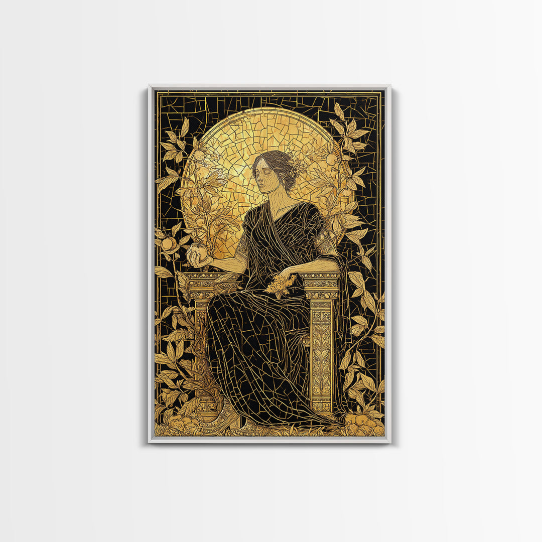 Persephone Mosaic Style Canvas Gold Canvas Print, Mythology Wall Art, Goddess Decor, Elegant Greek Inspired Real Wood Frame