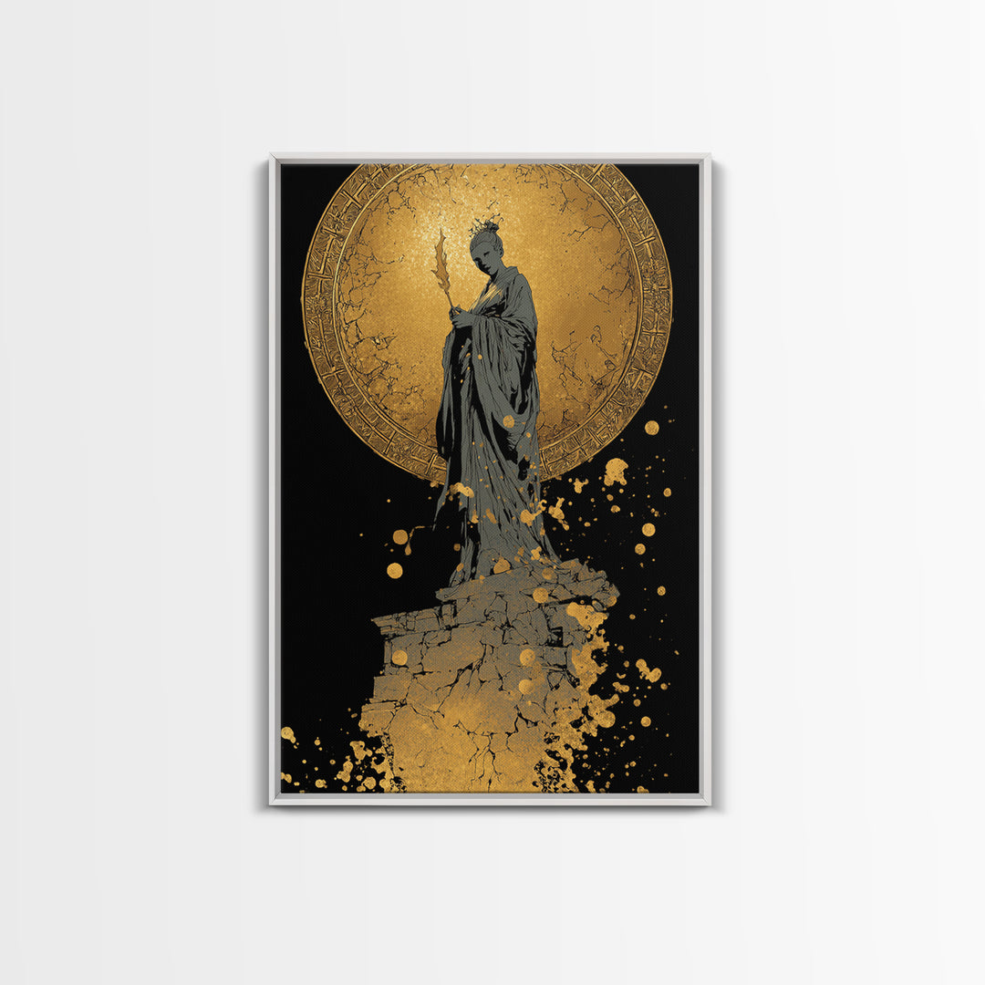 Goddess Statue Canvas Gold Canvas Print, Ancient Mythology Wall Art, Elegant Female Figure Artwork, Real Wood Framed Decor
