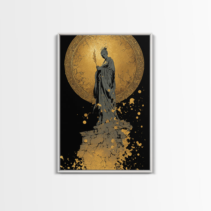 Goddess Statue Canvas Gold Canvas Print, Ancient Mythology Wall Art, Elegant Female Figure Artwork, Real Wood Framed Decor