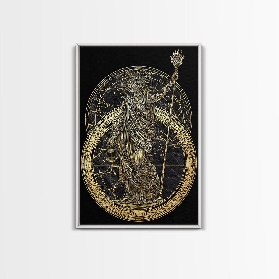 Divine Justice Canvas Gold Canvas Print, Goddess With Torch Wall Art, Mythological Decor, Real Wood Framed Elegant Artwork