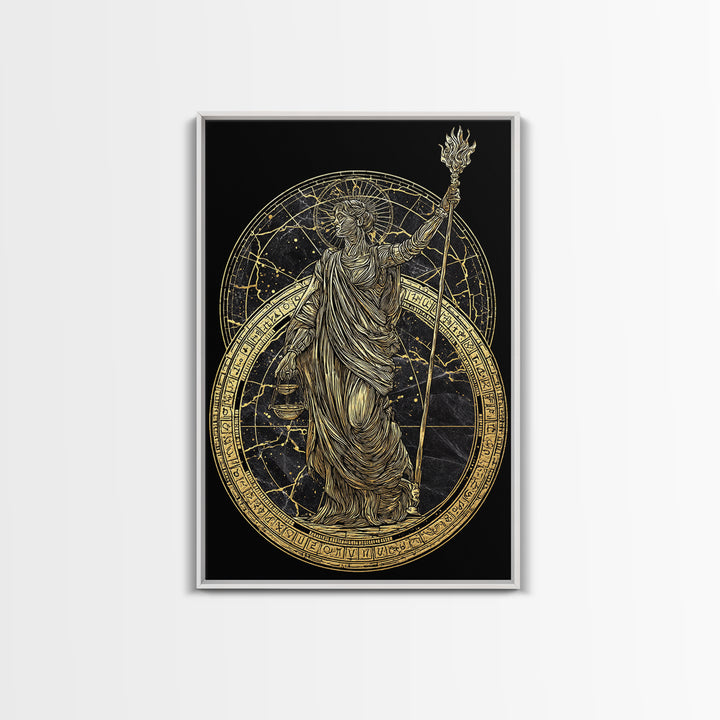Divine Justice Canvas Gold Canvas Print, Goddess With Torch Wall Art, Mythological Decor, Real Wood Framed Elegant Artwork