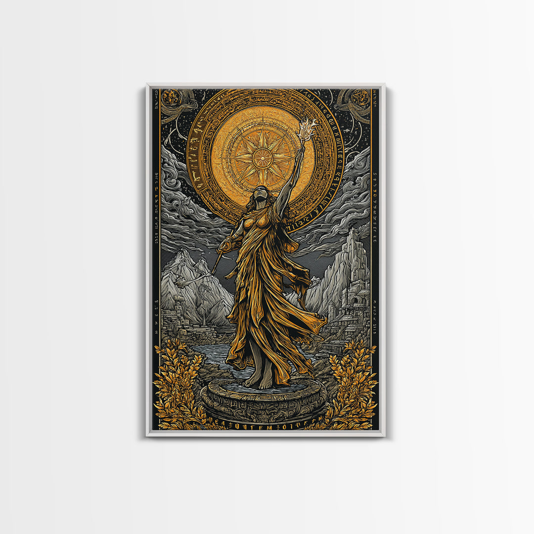 Celestial Goddess Canvas Gold Canvas Print, Mythology Wall Art, Radiant Female Figure Artwork, Real Wood Framed Luxurious Decor