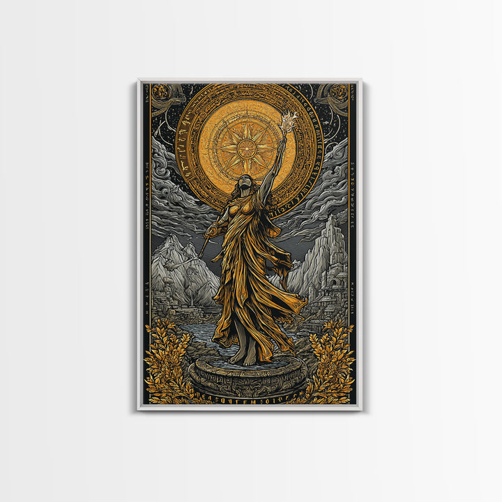 Celestial Goddess Canvas Gold Canvas Print, Mythology Wall Art, Radiant Female Figure Artwork, Real Wood Framed Luxurious Decor