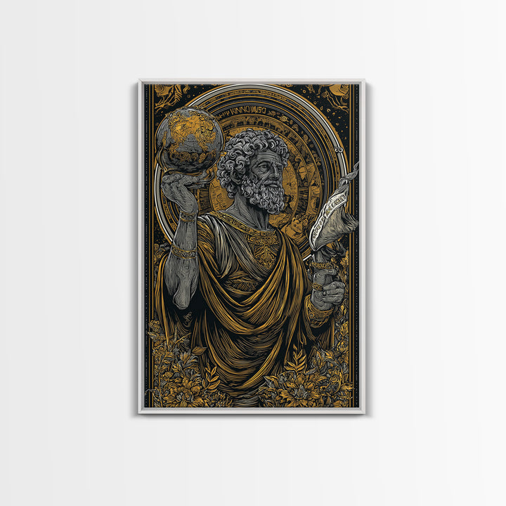 Classical Philosopher Holding Globe Canvas Gold Canvas Print, Ancient Scholar Canvas Gold Art, Real Wood Framed Mythology Decor