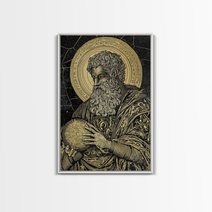 Ancient Philosopher Portrait Canvas Gold Canvas Print, Scholar With Cosmic Halo Canvas Gold Art, Real Wood Frame Historical Wall Art