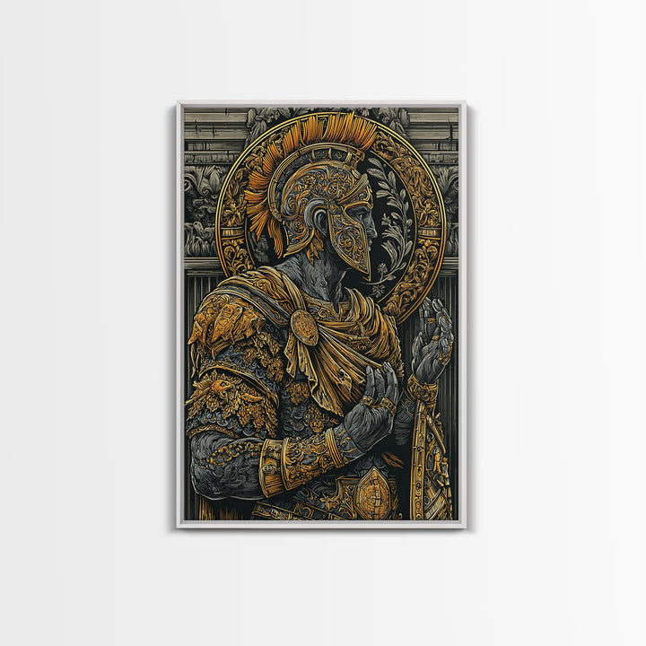 Roman General Warrior Canvas Gold Canvas Print, Gladiator Armor Portrait Canvas Gold Art, Real Wood Frame Classical Mythology Decor
