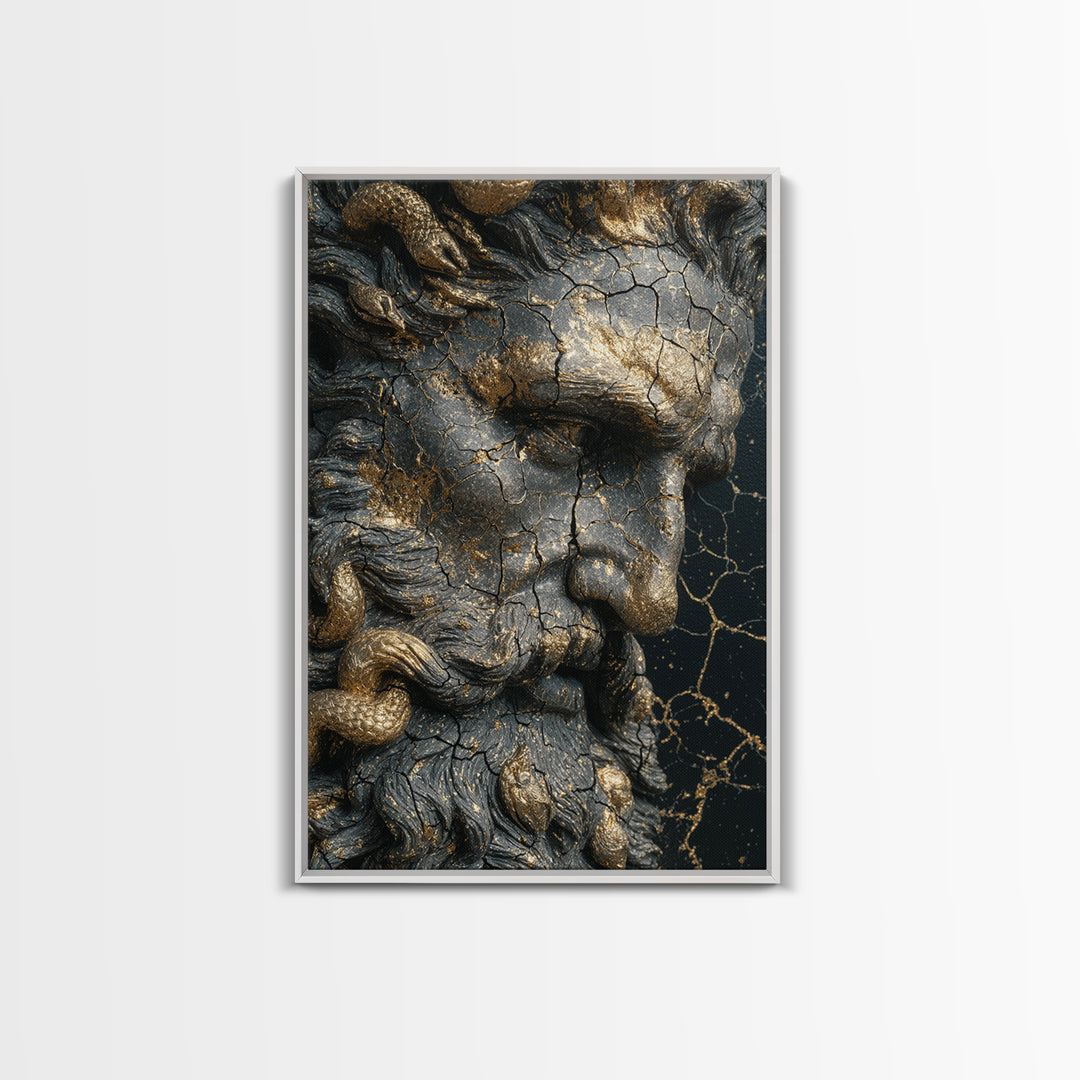 Mythological Sea God Bust Canvas Gold Canvas Print, Ancient Ocean Deity Canvas Gold Art, Real Wood Frame Classical Myth Sculpture