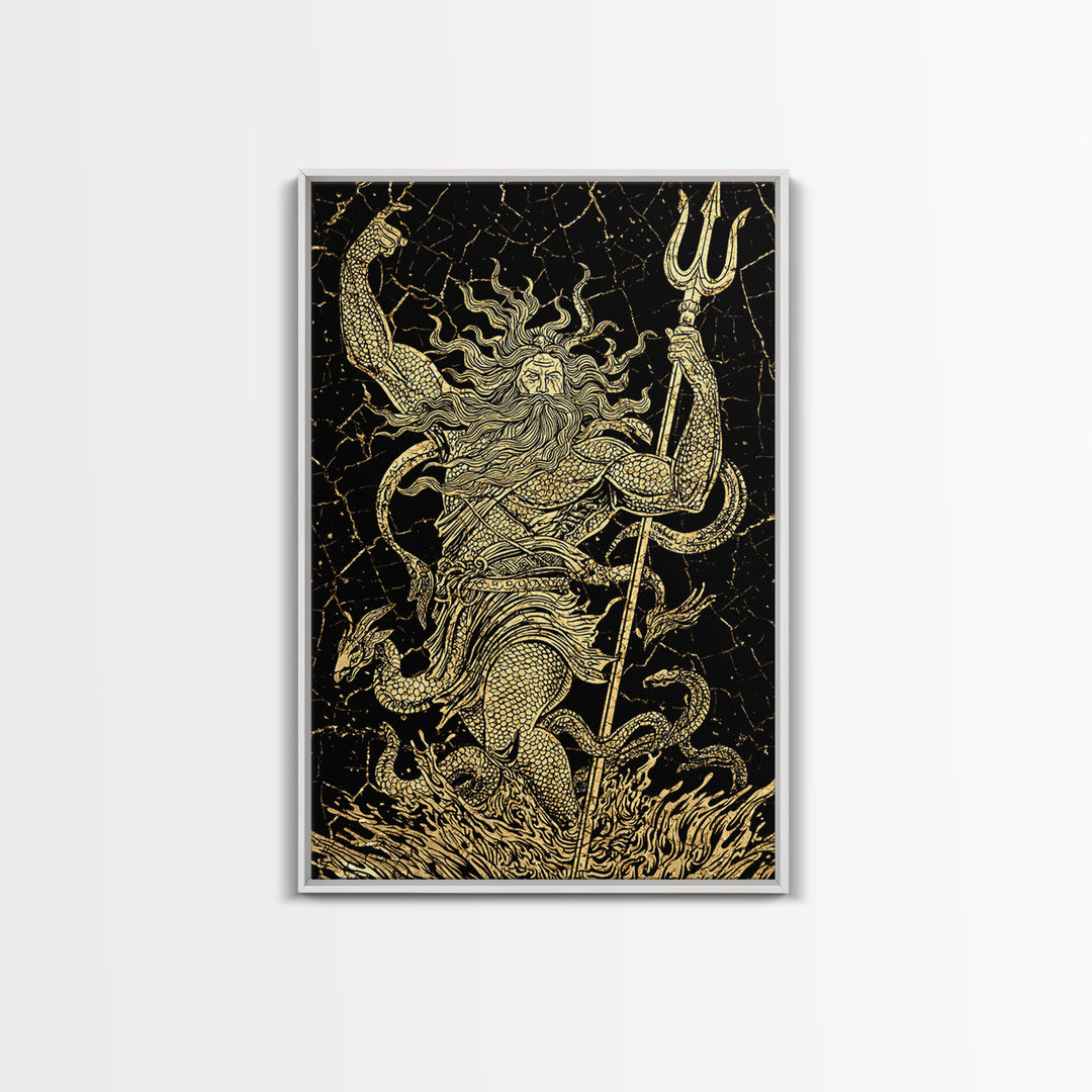 Poseidon Sea God With Serpent Canvas Gold Canvas Print, Ocean Deity With Trident Canvas Gold Art, Real Wood Frame Mythological Decor