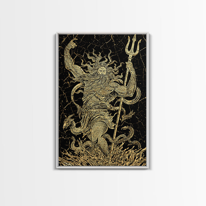 Poseidon Sea God With Serpent Canvas Gold Canvas Print, Ocean Deity With Trident Canvas Gold Art, Real Wood Frame Mythological Decor
