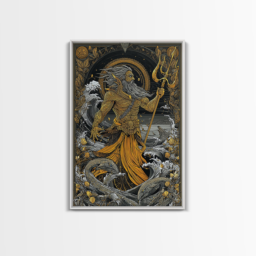 Poseidon Mythical Sea God Canvas Gold Canvas Print, Ocean Trident Warrior Canvas Gold Art, Real Wood Frame Ancient Mythology Decor