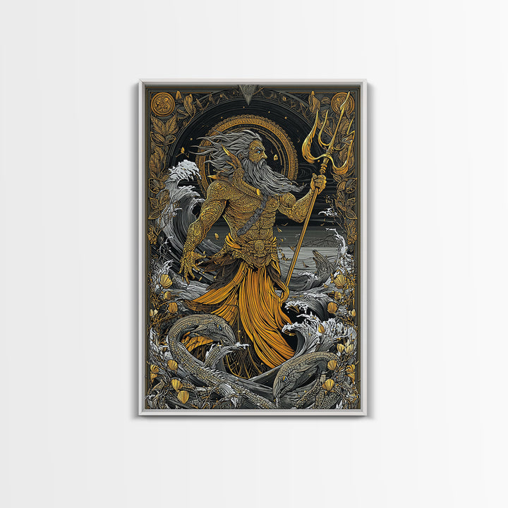 Poseidon Mythical Sea God Canvas Gold Canvas Print, Ocean Trident Warrior Canvas Gold Art, Real Wood Frame Ancient Mythology Decor