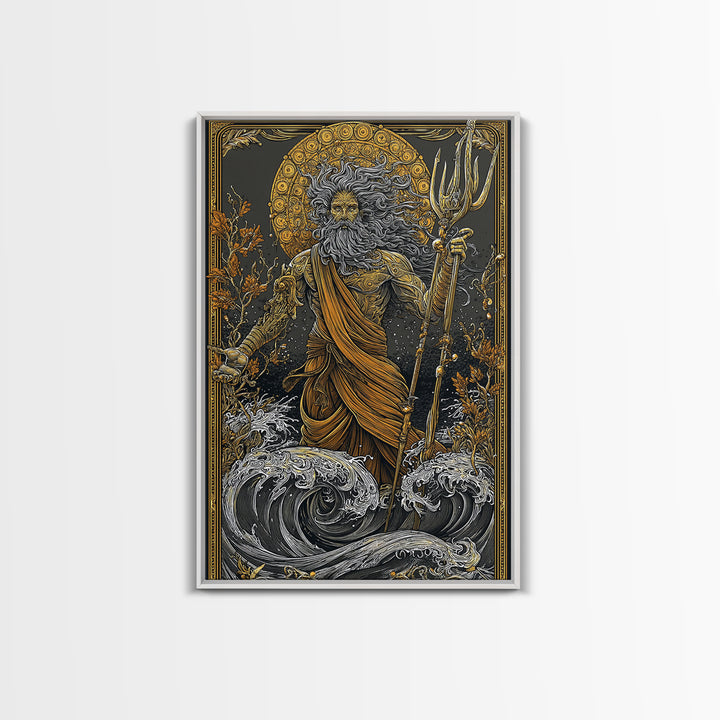 Poseidon Ocean God With Trident Canvas Gold Canvas Print, Mythical Sea Deity Canvas Gold Art, Real Wood Frame Mythology Wall Art