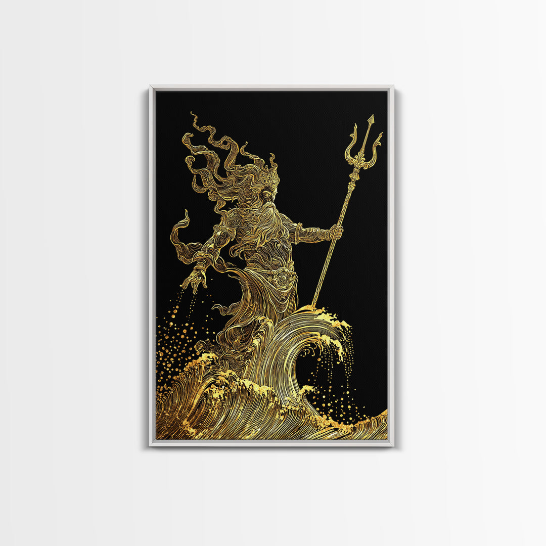 Poseidon Sea God Statue Canvas Gold Canvas Print, Ocean Deity With Waves Canvas Gold Art, Real Wood Frame Classical Mythology Decor