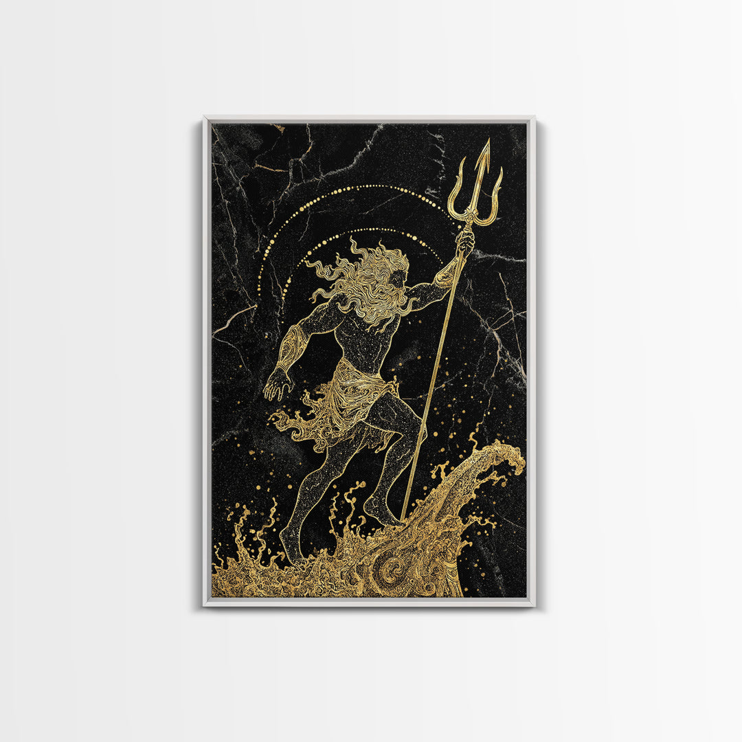 Poseidon Ruler Of The Seas Canvas Gold Canvas Print, Ancient Trident God Canvas Gold Art, Real Wood Frame Mythological Wall Decor