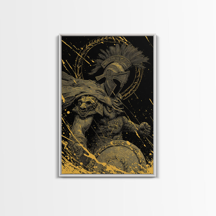 Ares Canvas Gold Canvas Print, Greek God Of War Art, Real Wood Frame, Warrior Decor, Mythology Luxury Canvas Artwork