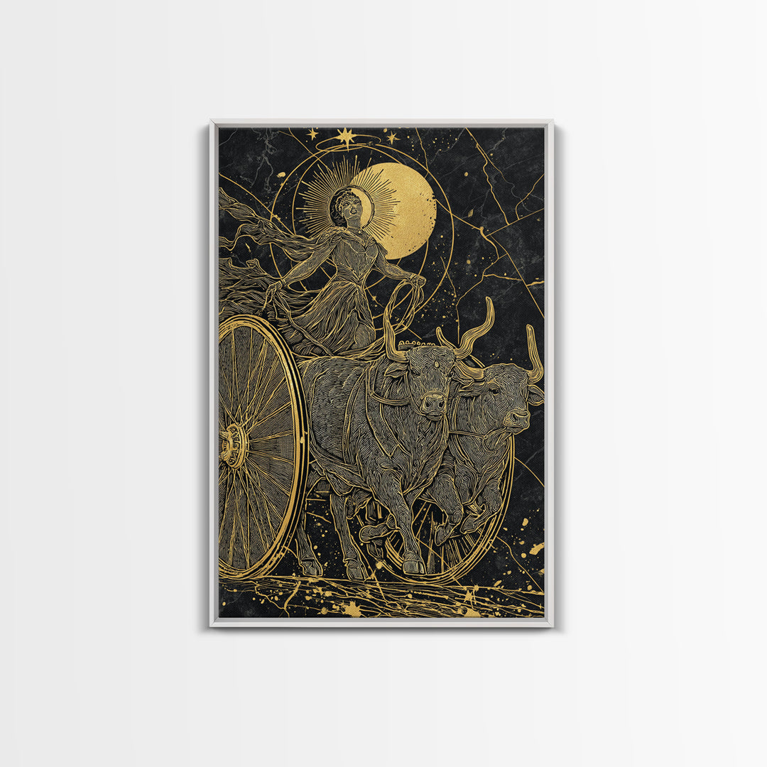 Selene Chariot Canvas Gold Canvas Print, Moon Goddess Art, Real Wood Frame, Mythology Decor, Celestial Canvas Artwork