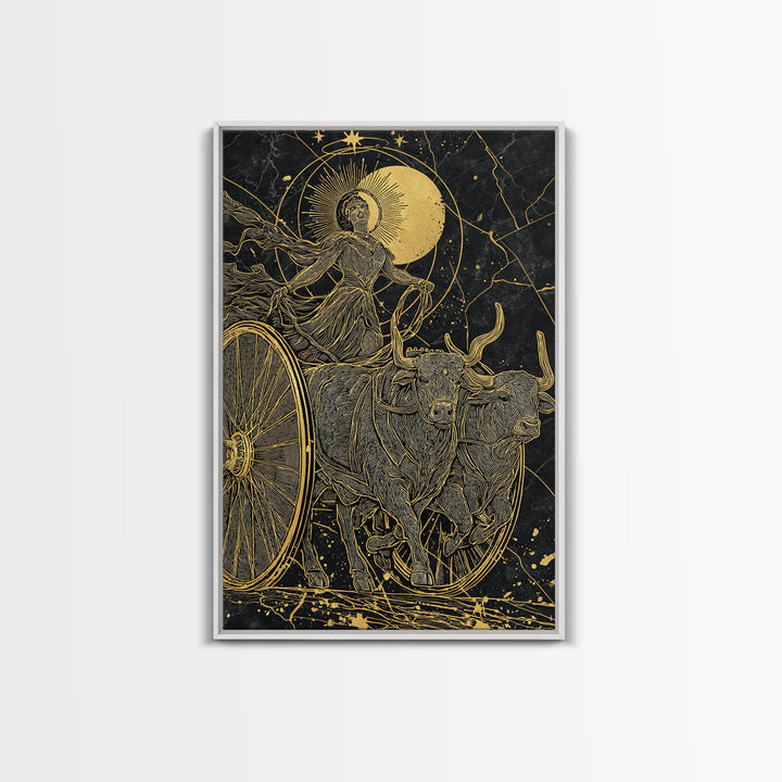 Selene Chariot Canvas Gold Canvas Print, Moon Goddess Art, Real Wood Frame, Mythology Decor, Celestial Canvas Artwork