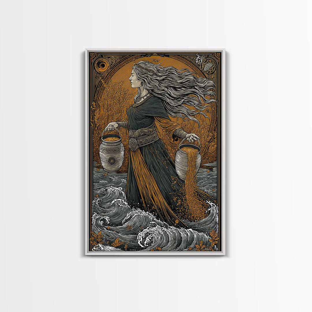 Aquarius Goddess Canvas Gold Canvas Print, Mythology Wall Art, Luxury Astrology Artwork, Real Wood Frame, Unique Home Decor
