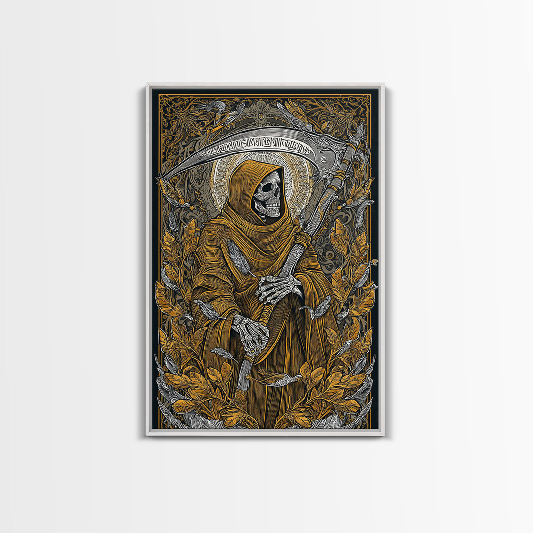 Grim Reaper Canvas Gold Canvas Print, Gothic Mythology Wall Art, Skeleton With Scythe Artwork, Real Wood Frame, Dark Decor