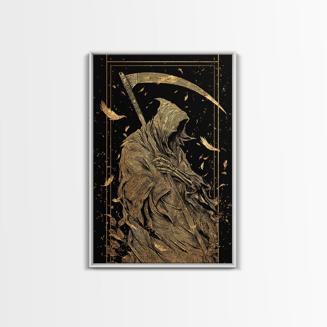 Death Figure Canvas Gold Canvas Print, Gothic Skeleton Wall Art, Grim Reaper Mythology Artwork, Real Wood Frame, Dark Decor