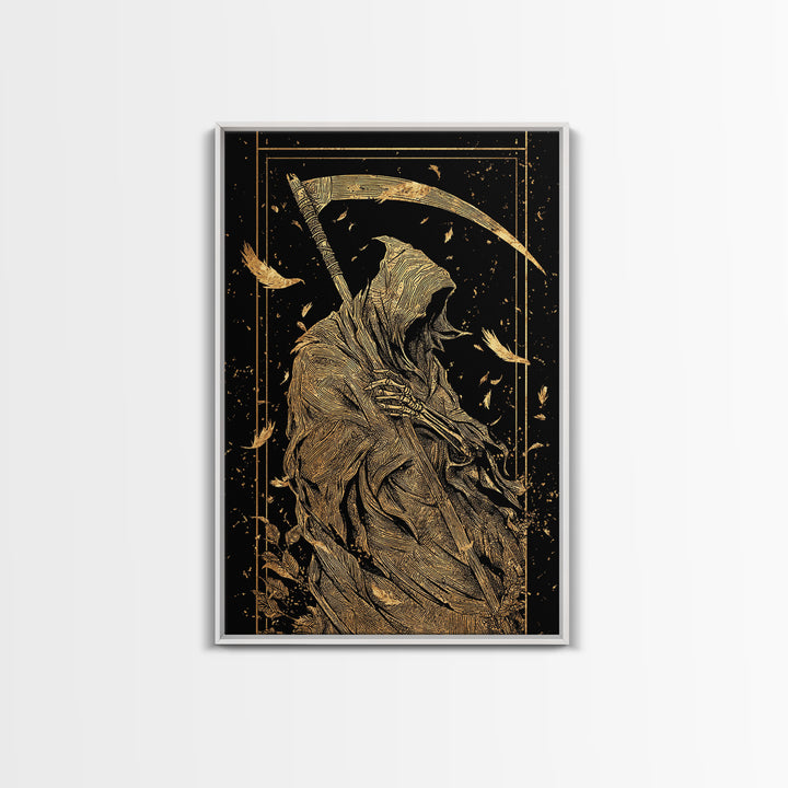 Death Figure Canvas Gold Canvas Print, Gothic Skeleton Wall Art, Grim Reaper Mythology Artwork, Real Wood Frame, Dark Decor