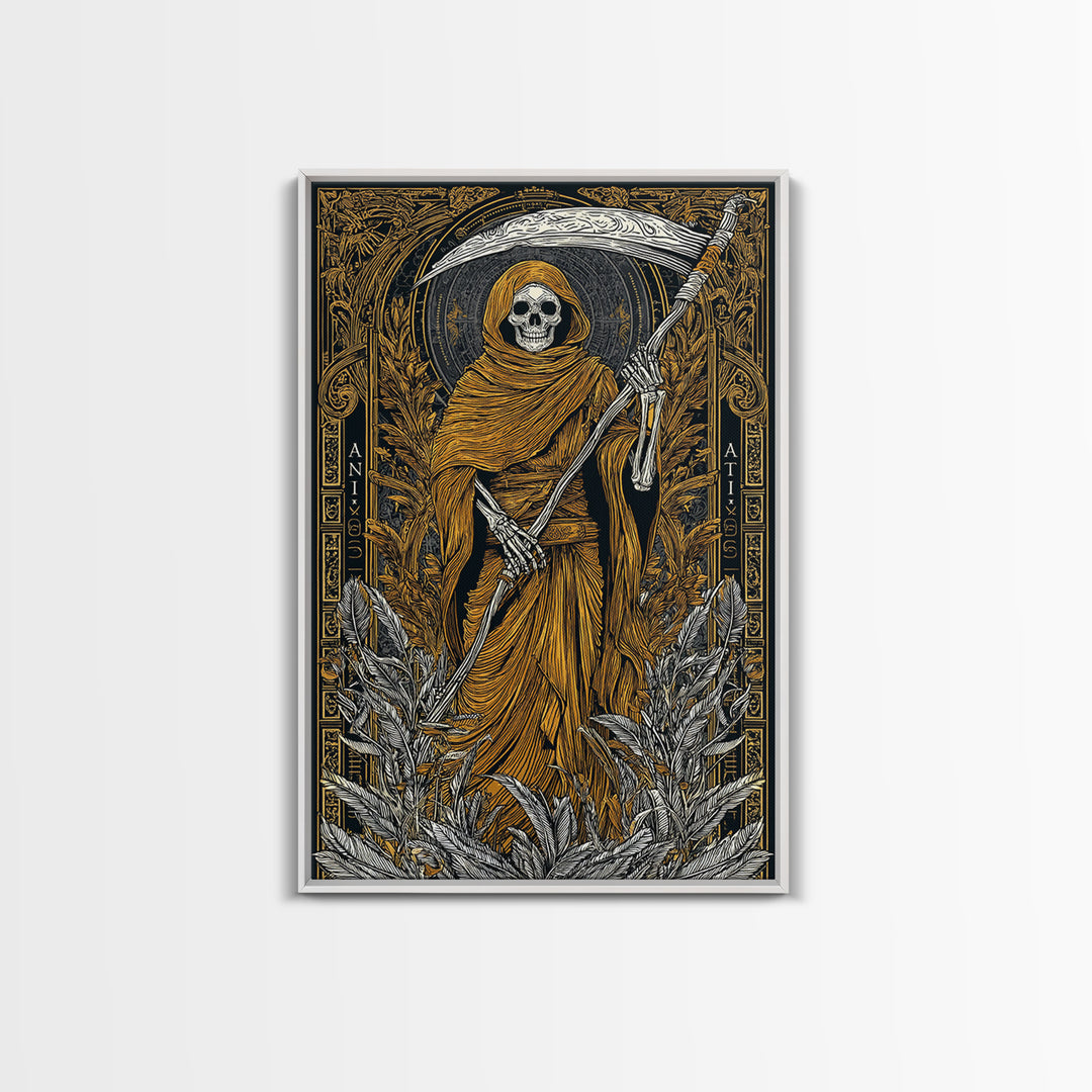 Hooded Skeleton Canvas Gold Canvas Print, Grim Reaper Gothic Wall Art, Dark Mythology Artwork, Real Wood Frame, Unique Decor