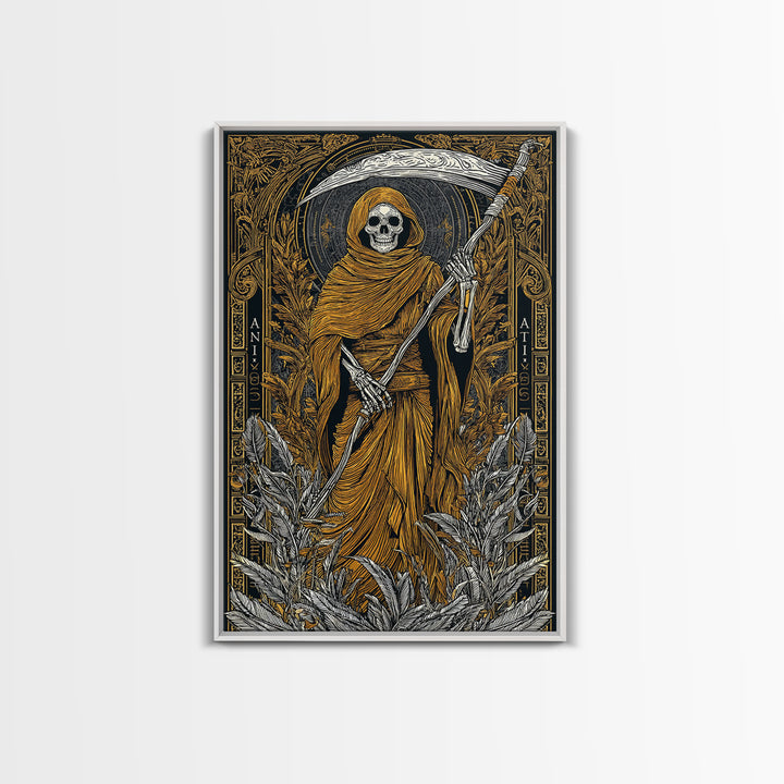 Hooded Skeleton Canvas Gold Canvas Print, Grim Reaper Gothic Wall Art, Dark Mythology Artwork, Real Wood Frame, Unique Decor