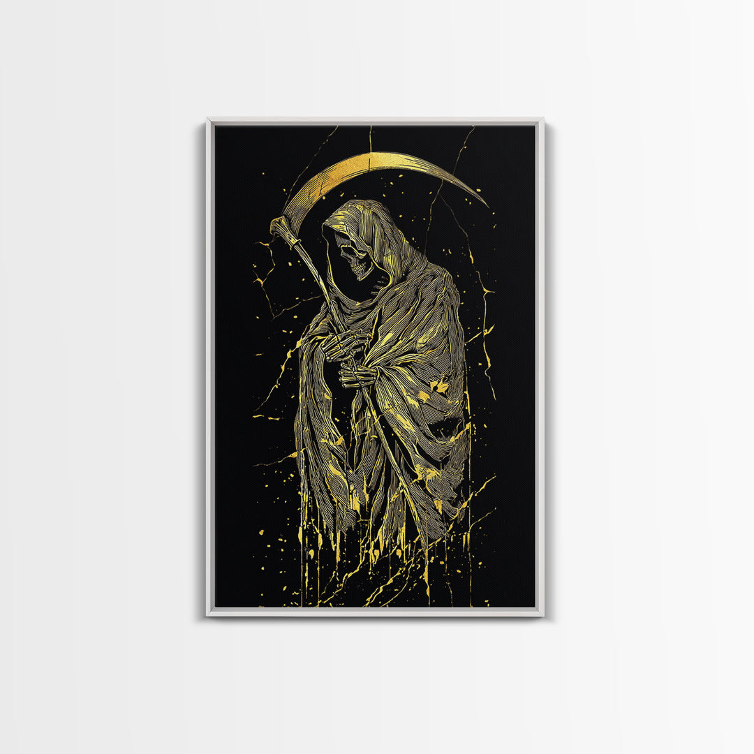 Skeleton With Scythe Canvas Gold Canvas Print, Gothic Mythology Artwork, Grim Reaper Wall Art, Real Wood Frame, Macabre Decor