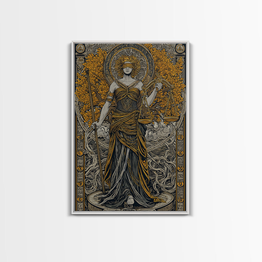 Lady Justice Canvas Gold Canvas Print, Mythology Goddess Wall Art, Scales Of Justice Artwork, Real Wood Frame, Elegant Decor