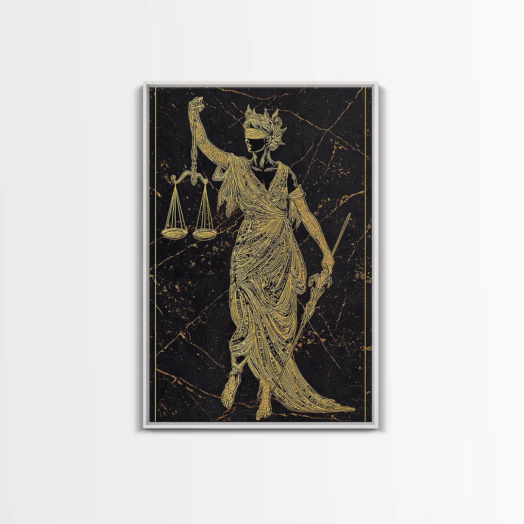 Justice Goddess Canvas Gold Canvas Print, Mythology Law And Order Wall Art, Balance Artwork, Real Wood Frame, Statement Decor