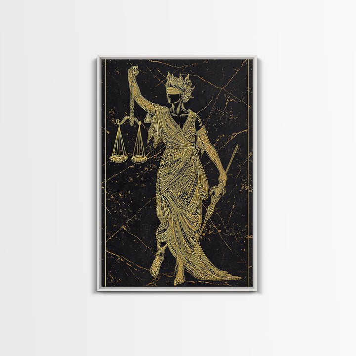 Justice Goddess Canvas Gold Canvas Print, Mythology Law And Order Wall Art, Balance Artwork, Real Wood Frame, Statement Decor