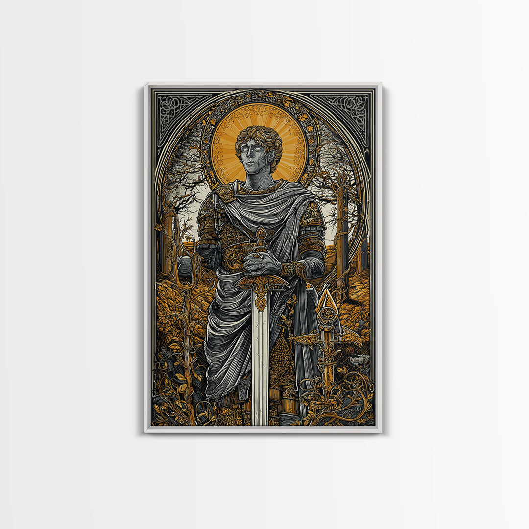 Roman Emperor Canvas Gold Canvas Print, Mythology Warrior Wall Art, Classical Sword Artwork, Real Wood Frame, Ancient Decor