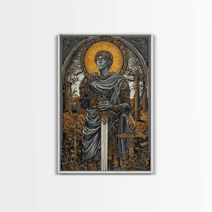 Roman Emperor Canvas Gold Canvas Print, Mythology Warrior Wall Art, Classical Sword Artwork, Real Wood Frame, Ancient Decor